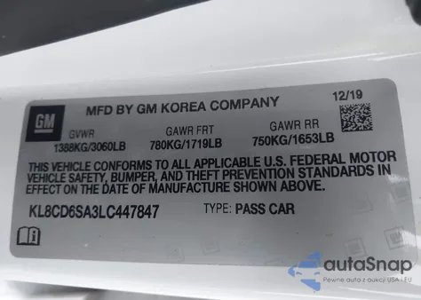 2020 Chevrolet Spark Fwd 1Lt Automatic z USA, uszkodzony, nr VIN KL8CD6SA3LC447847